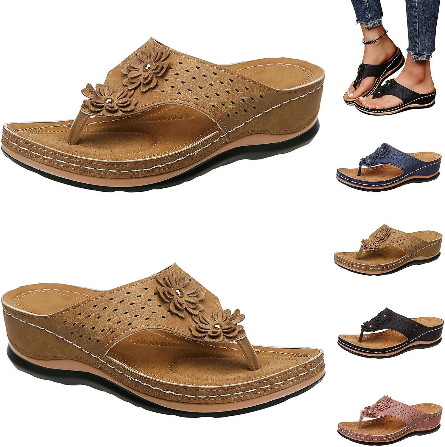 Womens Wedge Flip Flops with Arch Support for Women Sandals Comfortable Dressy Summer Lightweight Leather Slip On Slides Casual Walking Sandals Women Slippers Orthopedic Sandals Outdoor Beach Shoes