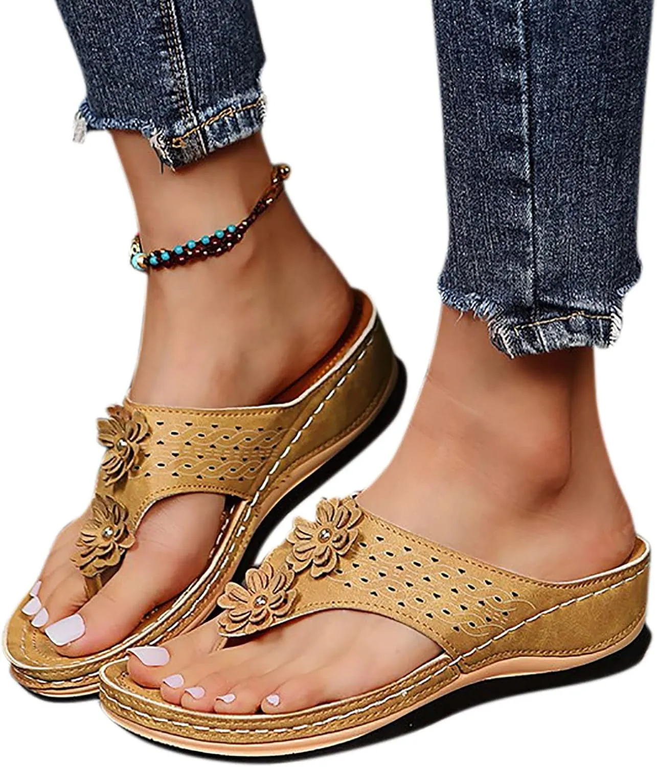Womens Wedge Flip Flops with Arch Support for Women Sandals Comfortable Dressy Summer Lightweight Leather Slip On Slides Casual Walking Sandals Women Slippers Orthopedic Sandals Outdoor Beach Shoes