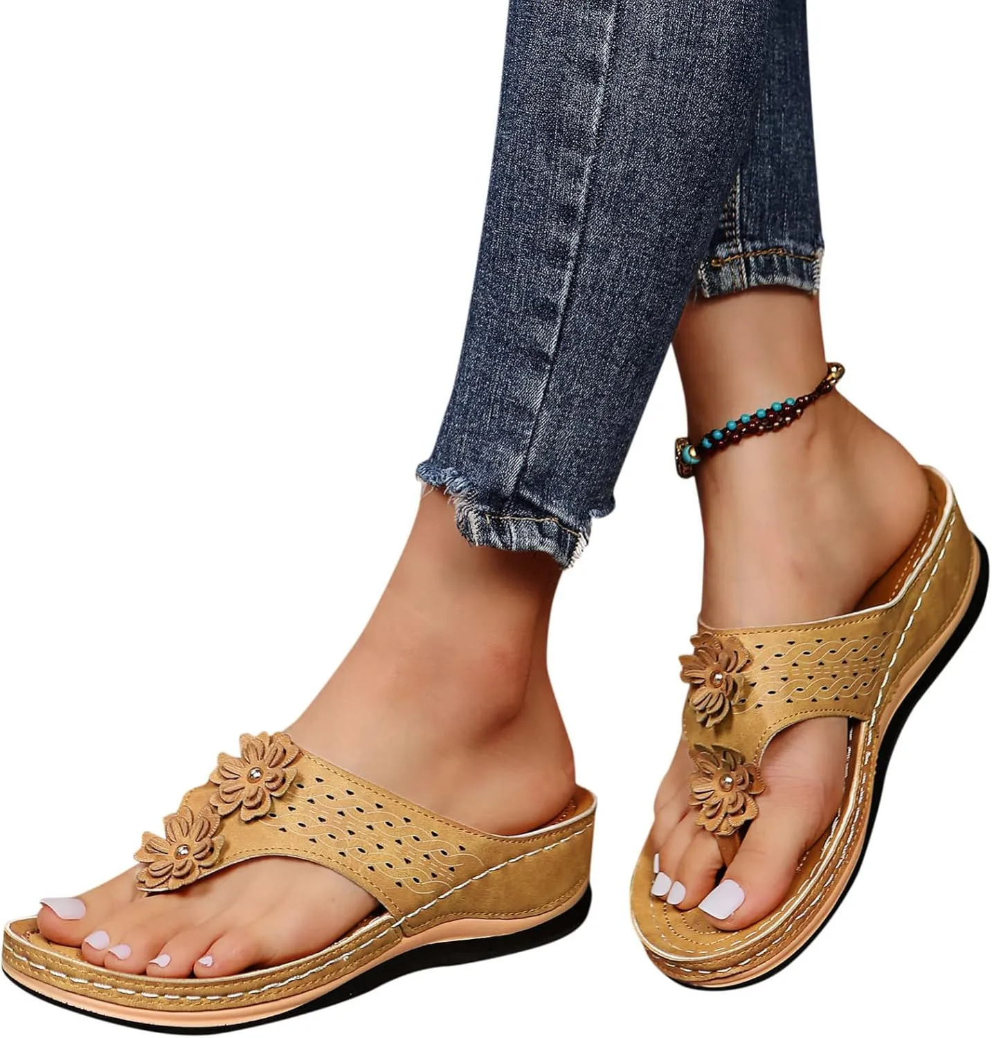 Womens Wedge Flip Flops with Arch Support for Women Sandals Comfortable Dressy Summer Lightweight Leather Slip On Slides Casual Walking Sandals Women Slippers Orthopedic Sandals Outdoor Beach Shoes