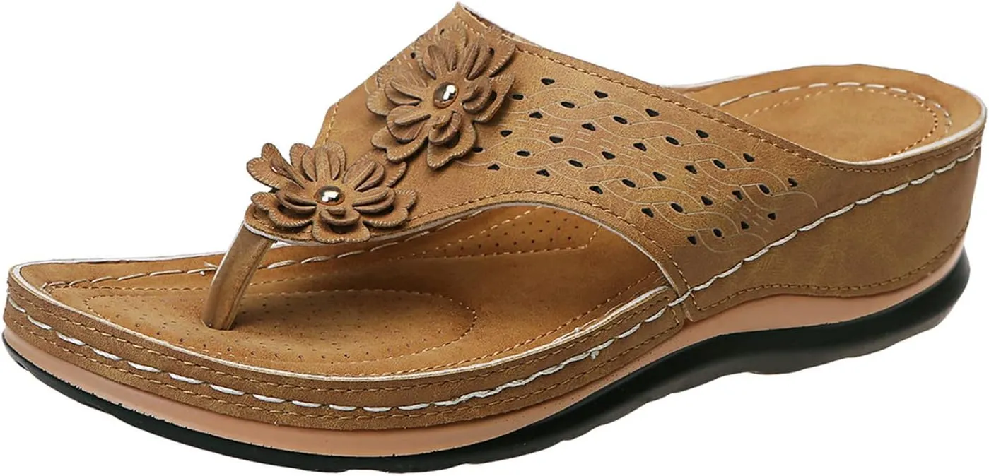 Womens Wedge Flip Flops with Arch Support for Women Sandals Comfortable Dressy Summer Lightweight Leather Slip On Slides Casual Walking Sandals Women Slippers Orthopedic Sandals Outdoor Beach Shoes