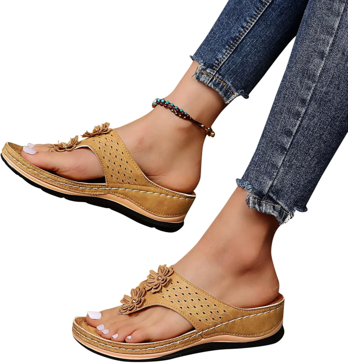 Womens Wedge Flip Flops with Arch Support for Women Sandals Comfortable Dressy Summer Lightweight Leather Slip On Slides Casual Walking Sandals Women Slippers Orthopedic Sandals Outdoor Beach Shoes
