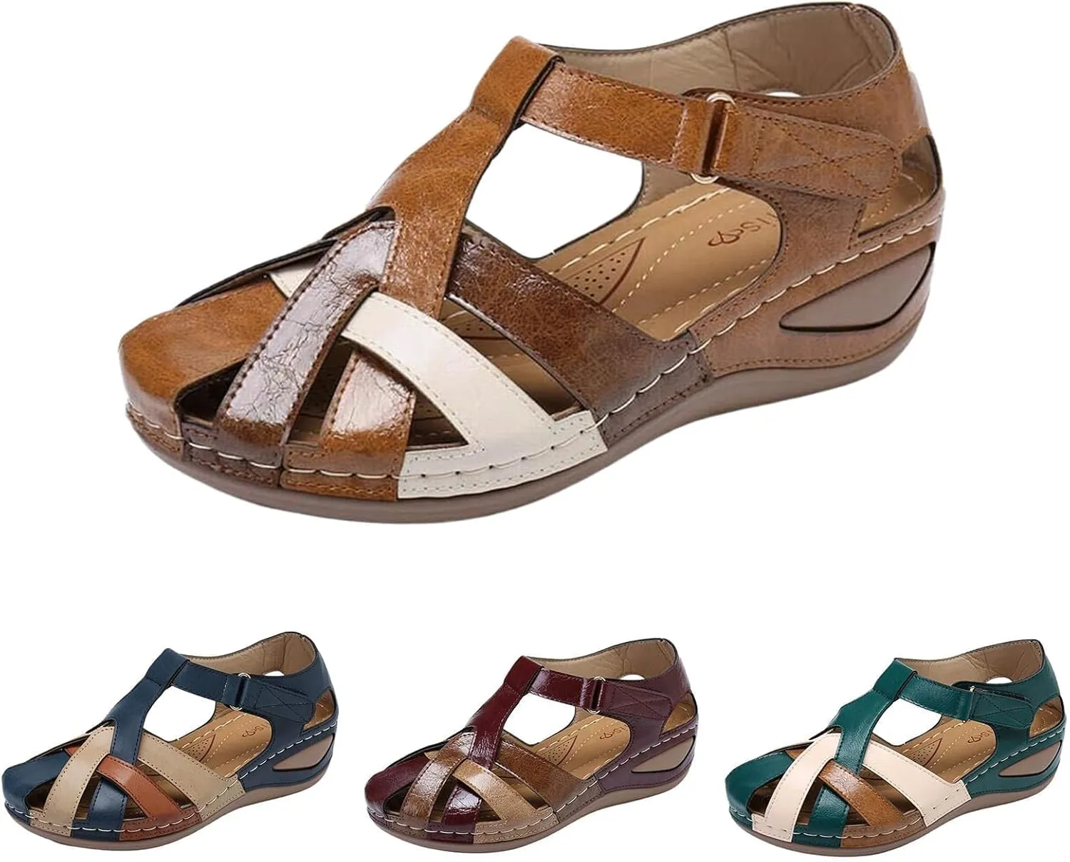Womens Wedge Sandals Leather Closed Toe Orthopedic Sandals Fashion Cross Belt Wedge Gladiator Sandal Adjustable Ankle Strap Walking Shoes Casual Outdoor Wedges