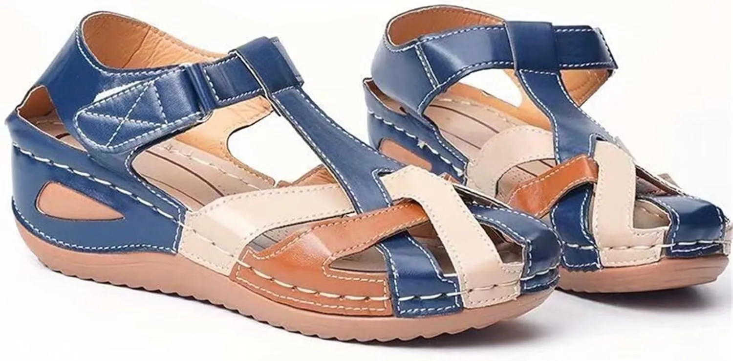 Womens Wedge Sandals Leather Closed Toe Orthopedic Sandals Fashion Cross Belt Wedge Gladiator Sandal Adjustable Ankle Strap Walking Shoes Casual Outdoor Wedges