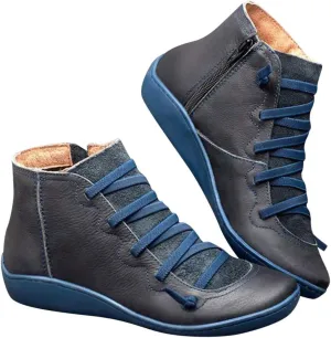 Womenyiaor Women's Ankle Boots, Arch Support, Fashion Lace Up & Side Zipper, Vintage Retro Ankle Booties, Comfortable Slip On, Flat Low Heel Boots, Fall Boots, Grey