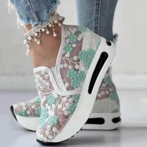 Womenyiaor Women's Fashion Sneakers Dressy Floral Embroidery Breathable Sheer Mesh Sneakers Platform Wedge Sneakers Casual Lace up Walking Shoes (C-Green, 8)