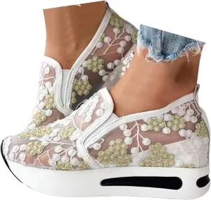 Womenyiaor Women's Fashion Sneakers Dressy Floral Embroidery Sheer Mesh Lace Sneakers Platform Wedge Sneakers for Women Slip on Walking Shoes Loafers Lace up Sneakers Casual Shoes