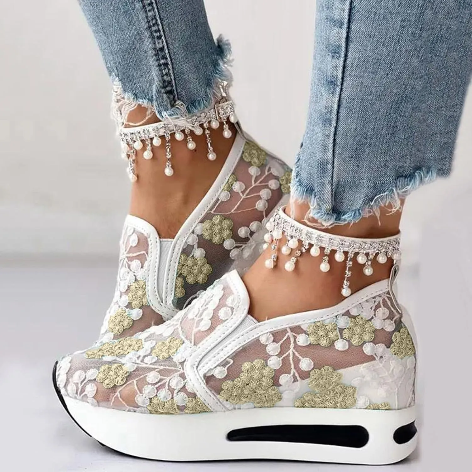 Womenyiaor Women's Fashion Sneakers Dressy Floral Embroidery Sheer Mesh Lace Sneakers Platform Wedge Sneakers for Women Slip on Walking Shoes Loafers Lace up Sneakers Casual Shoes