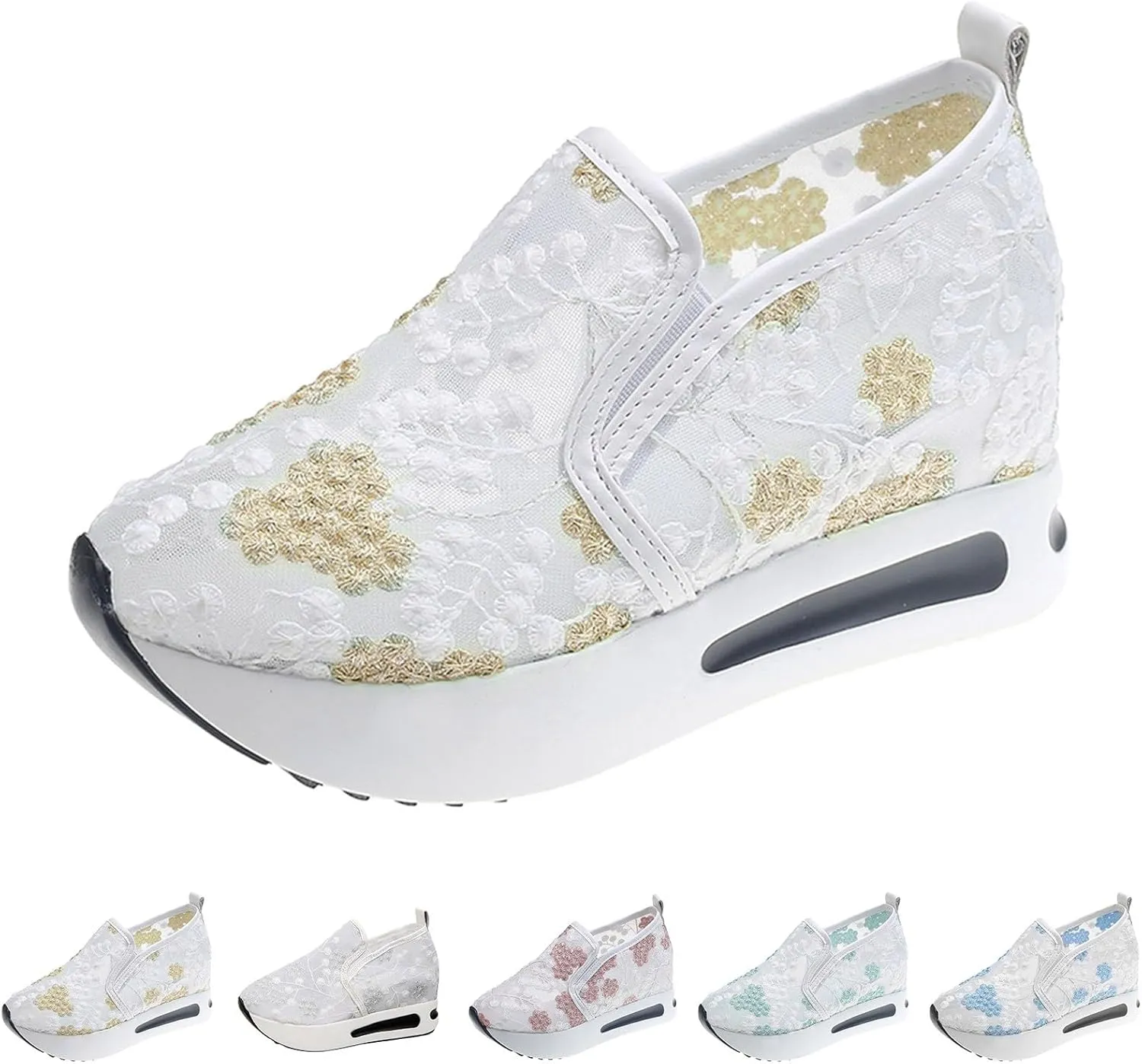 Womenyiaor Women's Fashion Sneakers Dressy Floral Embroidery Sheer Mesh Lace Sneakers Platform Wedge Sneakers for Women Slip on Walking Shoes Loafers Lace up Sneakers Casual Shoes