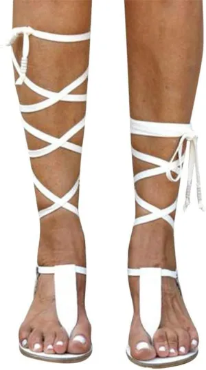 ZBYY Women Gladiator Beach Sandals T-Strap Flat Strappy Knee High Crisscross Shoes Open Toe Summer Flip Flops Sandals
