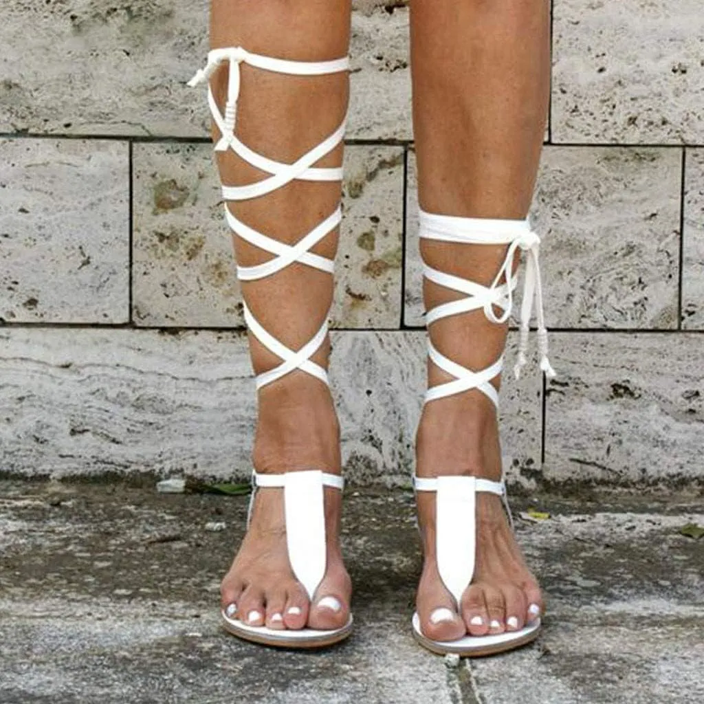 ZBYY Women Gladiator Beach Sandals T-Strap Flat Strappy Knee High Crisscross Shoes Open Toe Summer Flip Flops Sandals