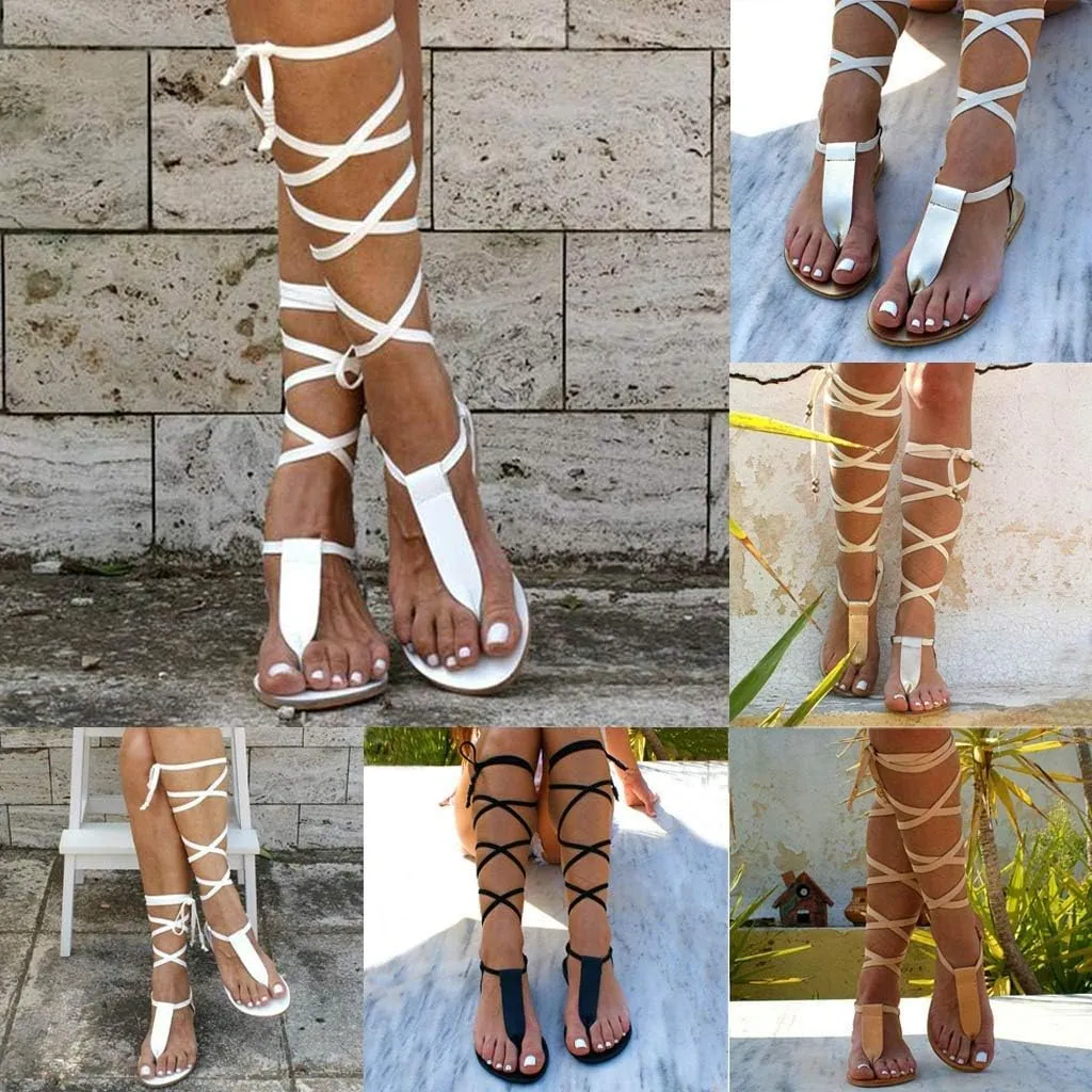 ZBYY Women Gladiator Beach Sandals T-Strap Flat Strappy Knee High Crisscross Shoes Open Toe Summer Flip Flops Sandals